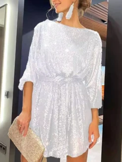 Women‘s Party Dress Wedding Guest Dress Homecoming Dress Sequin Dress Shift Dress Mini Dress Black White Champagne 3/4 Length Sleeve Pure Color Lace Up Fall Spring Autumn Crew Neck -Party Prom Dresses Sales Store zwhfkh1668493387715