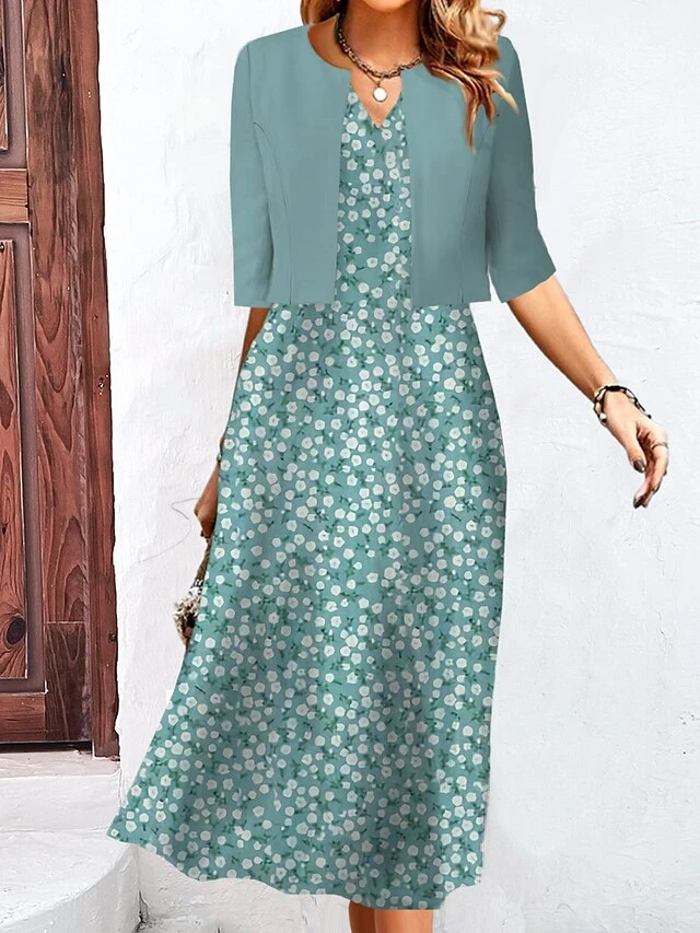 Women's Two Piece Dress Set Casual Dress Tank Dress Outdoor Daily Fashion Streetwear Pocket Print Midi Dress V Neck 3/4 Length Sleeve Floral Regular Fit Blue Green Khaki Summer Spring S M L XL XXL 3 Women's Two Piece Dress Set Casual Dress Tank Dress Outdoor Daily Fashion Streetwear Pocket Print Midi Dress V Neck 3/4 Length Sleeve Floral Regular Fit Blue Green Khaki Summer Spring S M L XL XXL - Image 3