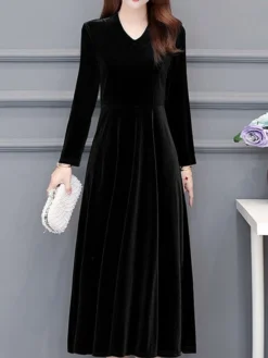 Women‘s Party Dress Wedding Guest Dress Velvet Dress Work Dress Midi Dress Black Wine Royal Blue Long Sleeve Pure Color Ruched Winter Fall Spring V Neck Fashion Spring Dress 2023 M L XL 2XL 3XL 4XL -Party Prom Dresses Sales Store zwtysc1671789630909