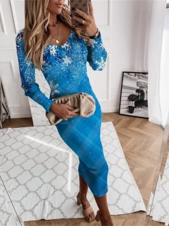 Women's Christmas Dress Sweater Dress Jumper Dress Midi Dress Warm Plaid Snowman Snowflake Outdoor Christmas Daily Holiday V Neck Long Sleeve 2023 Regular Fit Wine Blue S M L XL XXL 3XL -Party Prom Dresses Sales Store zwvorn1697450845712