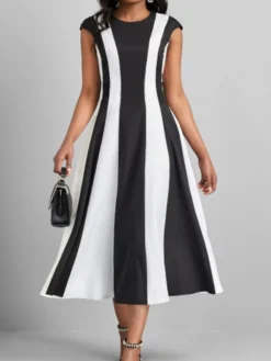 Women's Work Dress Swing Dress Semi Formal Dress Fashion Midi Dress Print Crew Neck Short Sleeve Color Block Stripe Regular Fit Black Wine Royal Blue Summer Spring S M L XL XXL -Party Prom Dresses Sales Store zwyqwh1680258059854