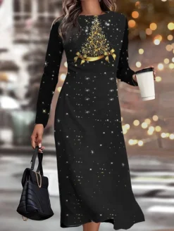 Women's Christmas Work Dress Casual Dress Semi Formal Dress Fashion Winter Dress Daily Midi Dress Print Crew Neck Long Sleeve Elk Snowflake Slim Black Wine Blue Fall Winter S M L XL XXL -Party Prom Dresses Sales Store zxbljk1695363863863