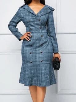 Women's Work Dress Sheath Dress Semi Formal Dress Fashion Office Daily Workfashion Midi Dress Ruffle Button Shirt Collar Long Sleeve Plaid Regular Fit Blue Purple Gray Fall Winter S M L XL XXL -Party Prom Dresses Sales Store zxflgl1695027393099