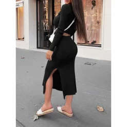 Women's Two Piece Dress Set Casual Dress Sweater Dress Outdoor Daily Fashion Streetwear Split Midi Dress Crew Neck Long Sleeve Plain Regular Fit Black White Orange Fall Winter S M L XL XXL -Party Prom Dresses Sales Store zxmkxh1695635372798