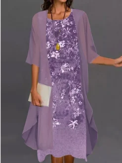 Women's Dress Set Two Piece Dress A Line Dress Long Dress Maxi Dress Purple Green Half Sleeve Floral Ruched Summer Spring Crew Neck Elegant Vacation 2023 S M L XL XXL 3XL