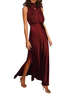 Women's Prom Dress Party Dress Satin Dress Long Dress Maxi Dress Black Light Green Wine Sleeveless Pure Color Split Summer Spring Stand Collar Fashion Evening Party Wedding Guest Vacation Loose Fit -Party Prom Dresses Sales Store zxpnxm1678413538606