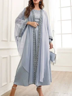 Women's Two Piece Dress Set Party Dress Sheath Dress Party Wedding Guest Fashion Party Embroidered Long Dress Maxi Dress Crew Neck Long Sleeve Print Regular Fit Gray Fall Winter S M L XL -Party Prom Dresses Sales Store zxvfzc1695105968306