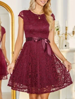 Women‘s Christmas Party Dress Lace Dress Cocktail Dress Midi Dress Pink Wine Navy Blue Short Sleeve Pure Color Lace Spring Fall Winter V Neck Fashion Winter Dress Wedding Guest Vacation 2023