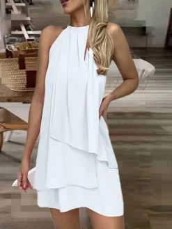 Women's Work Dress Chiffon Dress Black Dress Fashion Mini Dress Layered Crew Neck Sleeveless Plain Regular Fit Black White Pink Summer Spring S M L XL XXL -Party Prom Dresses Sales Store zycwso1686288639762