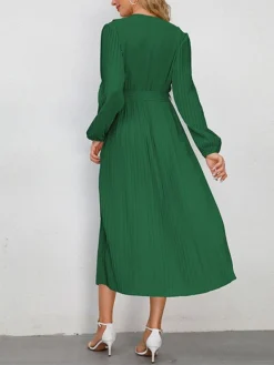 Women's Work Dress Swing Dress Black Dress Fashion Midi Dress Lace Up Ruched V Neck Long Sleeve Plain Loose Fit Black Blue Green Fall Winter S M L XL XXL -Party Prom Dresses Sales Store zymcjt1693374218862