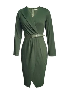 Women's Work Dress Casual Dress Sheath Dress Fashion Office Daily Workfashion Midi Dress Lace Up Ruched V Neck Long Sleeve Plain Regular Fit Red Green Dark Blue Fall Winter S M L XL XXL -Party Prom Dresses Sales Store zywbro1695645167961