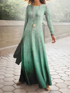 Women's Work Dress Casual Dress A Line Dress Fashion Winter Dress Daily Long Dress Maxi Dress Print Crew Neck Long Sleeve Floral Ombre Regular Fit Pink Blue Green Fall Winter S M L XL XXL -Party Prom Dresses Sales Store zzaxik1694490800016