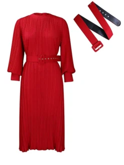 Women's Work Dress Casual Dress Black Dress Fashion Office Daily Workfashion Midi Dress Lace Up Pleated Crew Neck Long Sleeve Plain Regular Fit Black White Red Fall Winter S M L XL XXL -Party Prom Dresses Sales Store zzcdux1695645195625