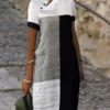 Women's Casual Dress Cotton Linen Dress Shift Dress Midi Dress Cotton Blend Modern Casual Daily Vacation V Neck Patchwork Button Short Sleeve Summer Spring 2023 Regular Fit White Color Block S M L XL