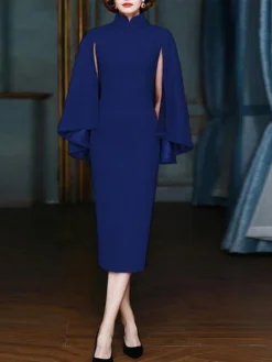 Women's Work Dress Sheath Dress Semi Formal Dress Fashion Office Daily Midi Dress Split Stand Collar Long Sleeve Plain Regular Fit Blue Army Green Spring Fall S M L XL XXL -Party Prom Dresses Sales Store zzqwvy1694426131439
