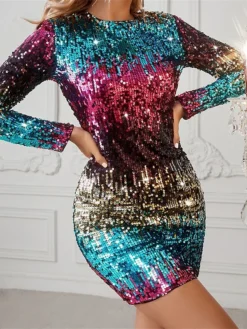 Women‘s Party Dress Sequin Dress Homecoming Dress Mini Dress Fuchsia Long Sleeve Color Block Sequins Sparkly Glitter Spring Fall Winter Crew Neck Fashion Winter Dress Wedding Guest Birthday -Party Prom Dresses Sales Store zztphc1692614411476