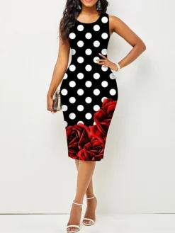 Women's Work Dress Sheath Dress Semi Formal Dress Fashion Midi Dress Print Crew Neck Sleeveless Polka Dot Color Block Regular Fit Yellow Summer Spring S M L XL XXL -Party Prom Dresses Sales Store zzxihx1680487518863